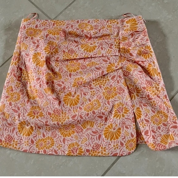 ZARA Linen Blend Floral Mini Skirt‎ Orange Pink Ruched Size L - Picture 8 of 12